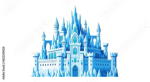 Captivating frozen palace illustration with elaborate turrets and intricate ice patterns, perfect for fantasy-themed projects, children's stories
