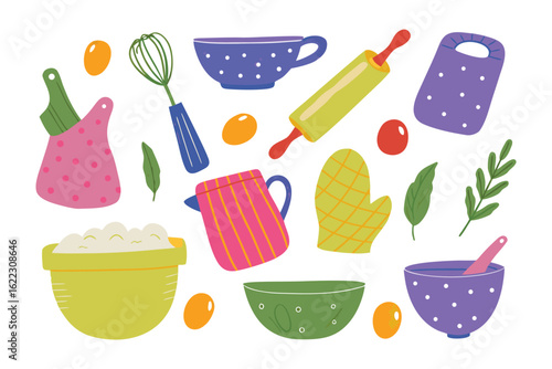 Baking Tools: A colorful and whimsical illustration of essential baking tools, artfully arranged, to inspire culinary creativity.