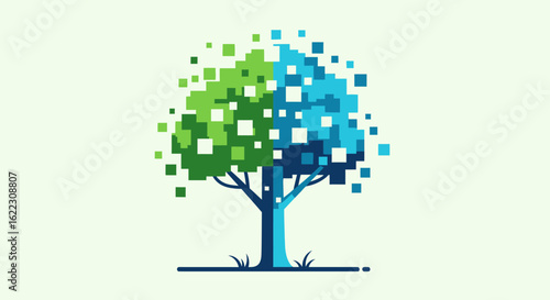 Pixelated Tree with Green and Blue Foliage, Digital Art Concept