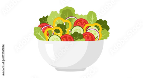 Vibrant Bowl of Fresh Mixed Salad with Tomatoes, Cucumbers, Peppers and Leafy Greens for Healthy Eating