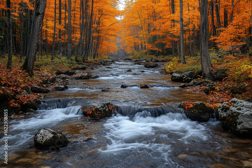 Fall foliage surrounds a serene stream in the woods.