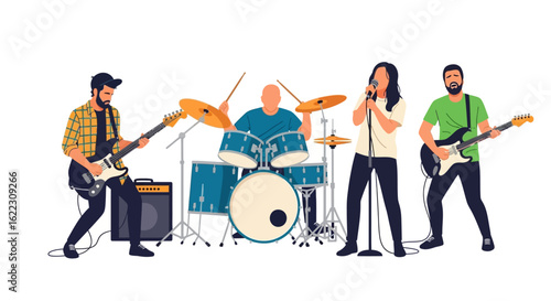Band performance with musician singer guitarist and drummer delivering energetic music show with instruments, expressive vocals and rhythmic beats