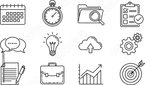 Icons representing a calendar, stopwatch, folder, clipboard, chat bubble, light bulb, cloud, gear, document, briefcase, graph, and target