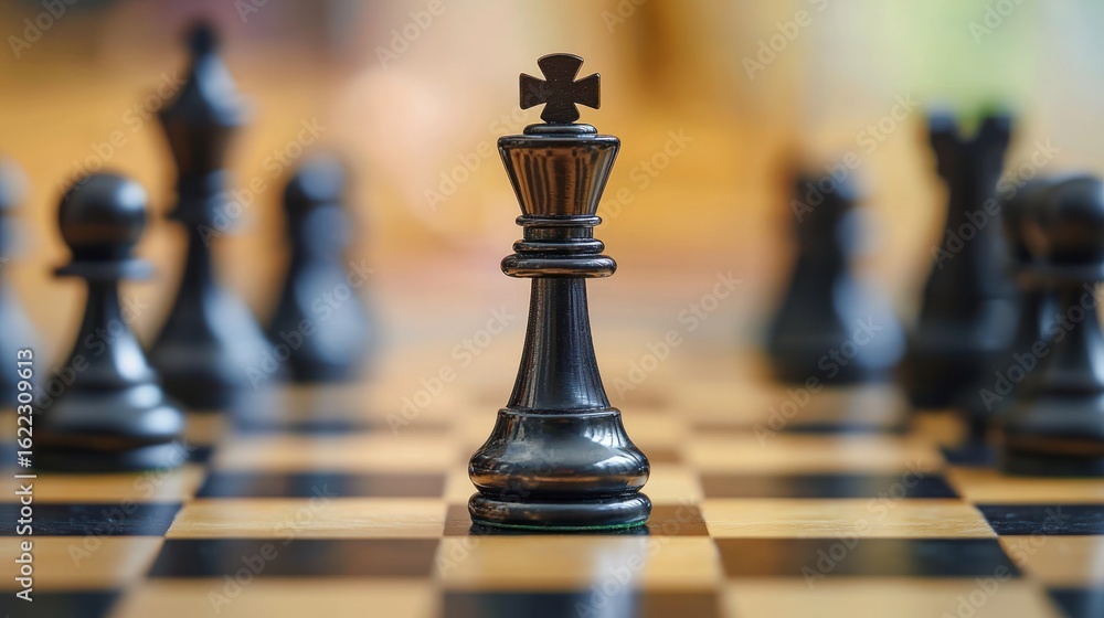 A chess board with a black king piece in the foreground and a blurred background of other chess pieces. A chess board with a black king piece in the foreground and a blurred background of other chess pieces.