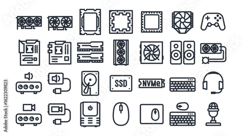 PC components icon set. 48x48 pixels size. Parts as motherboard, CPU, graphic card, RAM, SSD, mouse, keyboard, cooler, gamepad, headset, loudspeaker, microphone, video card, sound card