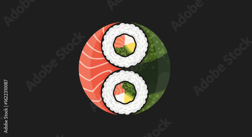 Yin and Yang Sushi Design with Salmon and Seaweed