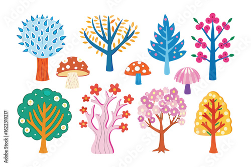 Colorful Trees and Mushrooms: An array of whimsical trees and fanciful mushrooms. Illustrating nature's elements with artistic flair.