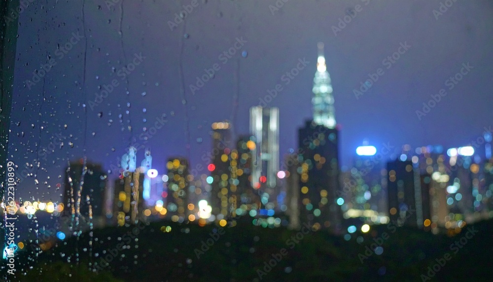 Fototapeta premium Condensation, steam, droplets, mist — moisture accumulates on a glass window, forming a foggy surface due to temperature difference, while a dark city skyline with glowing skyscrapers blurs in the bac