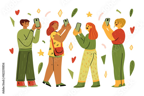 Capturing the Moment: A group of friends is enthusiastically taking pictures with smartphones, symbolizing connection, social interaction, and the joy of capturing memories.
