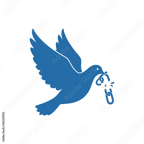 Vector art of a blue dove flying with a broken chain link in its beak, symbolizing peace and freedom isolated on white background
