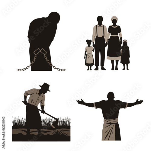 Vector art of a powerful illustration depicting the multifaceted experience of slavery, from forced labor to family separation and eventual freedom