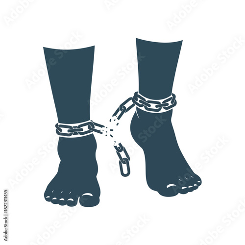 Vector art of closeup silhouette of bare feet and ankles bound together by heavy metal chains, symbolizing captivity and lack of freedom isolated on white background