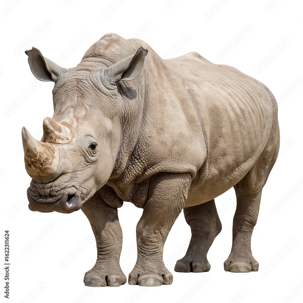 Fototapeta premium A large, gray rhinoceros stands against a white background