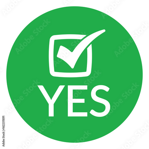 Modern green circle with bold white check mark above the word "YES" in sans-serif font. Flat, minimalist design with high contrast, conveying clear positive affirmation.