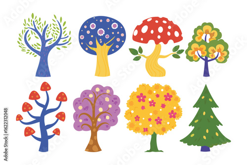 Whimsical Trees: A vibrant and playful illustration features eight stylized trees with unique shapes and colors, ideal for adding a touch of nature-inspired artistry to any project.