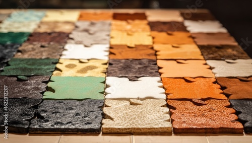 A display of diverse leather samples