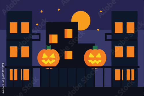 spooky glowing pumpkins on apartment balconies  .eps
