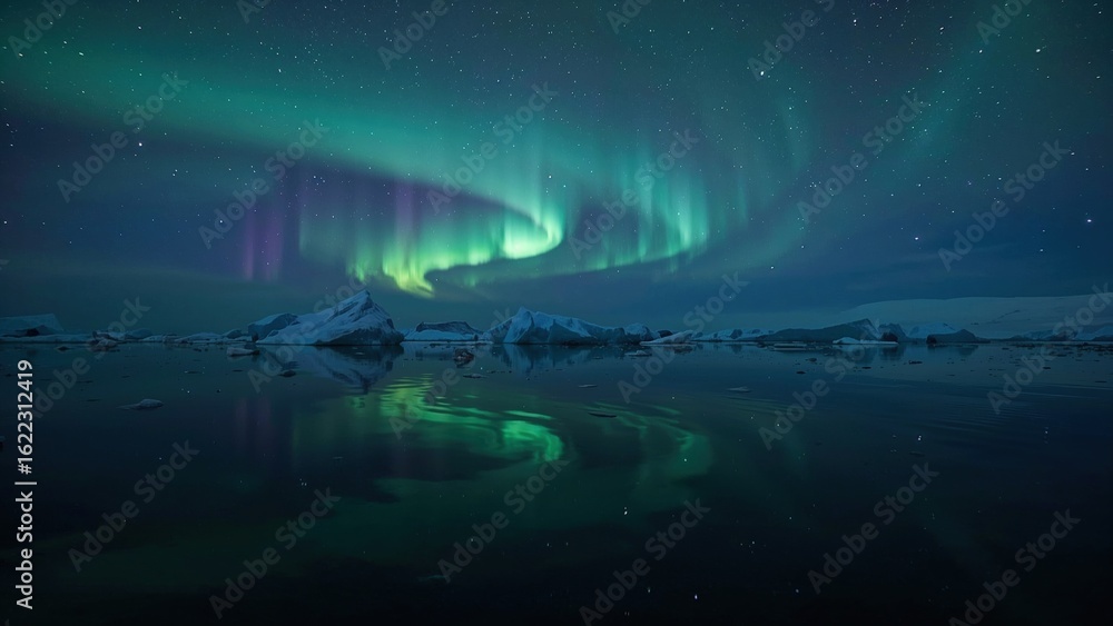 Naklejka premium Aurora Borealis and Northern Lights Reflected in Starry Night Sky Over Iceland's Icebergs - A Vibrant Natural Phenomenon and Landscape Photography Adventure
