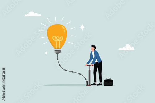 Create new idea, creativity, innovation to solve problem, idea development or invention, imagination or motivation to think about solution concept, businessman pump air in big lightbulb idea.