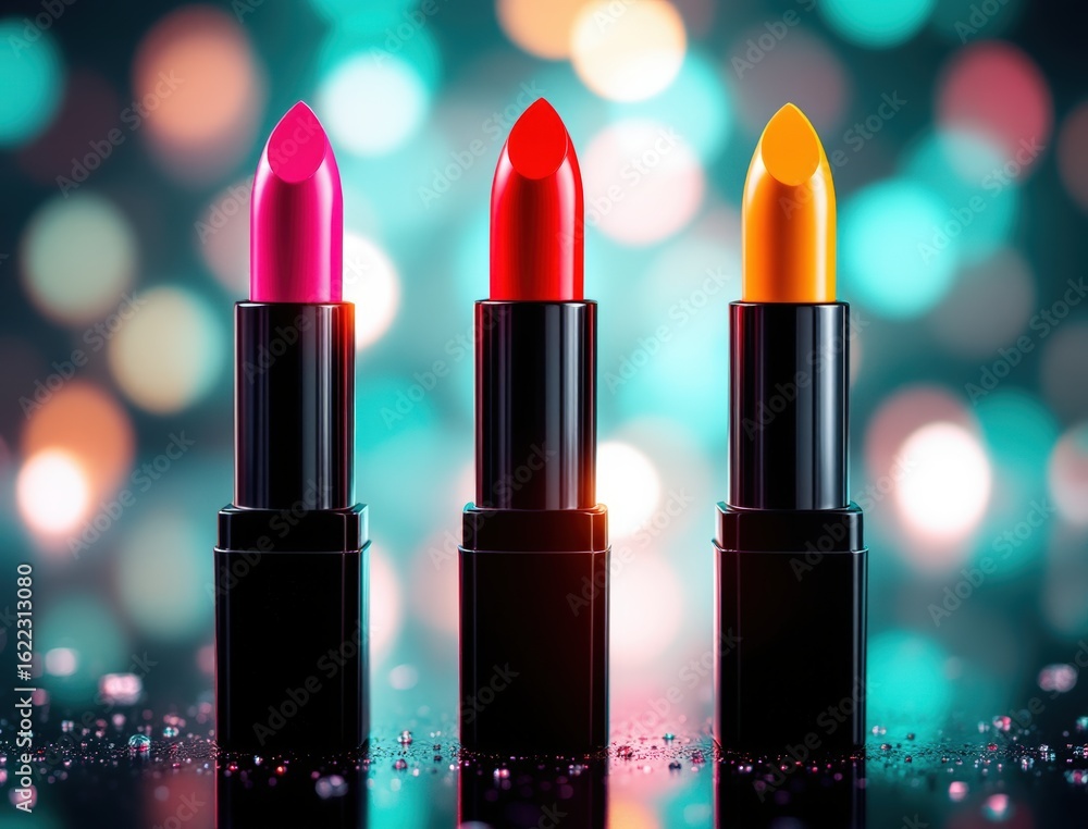 Fototapeta premium Three vibrant lipsticks in pink red and orange with bokeh background