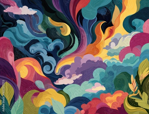 Abstract swirls of vibrant colors create a dynamic landscape of clouds, waves, and stylized flora