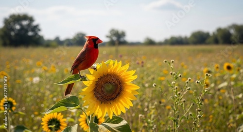 Red Cardinal Bird Perched on Sunflower in Field