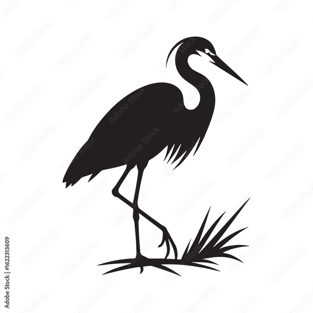 Fototapeta premium Tall Heron Silhouette – Heron Vector Graphic Depicting Classic Wading Bird Shape – Bird Silhouette – Black Vector of Heron