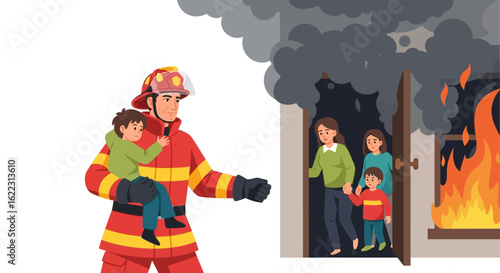 Brave Firefighter Rescuing a Child from Burning Building as Family Escapes Smoke and Flames Heroic Protection and safety first
