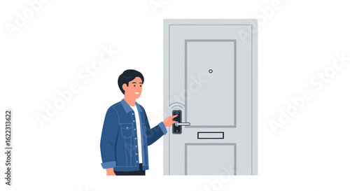 Depiction of modern home security and convenience through smart lock technology and smartphone integration in home automation systems