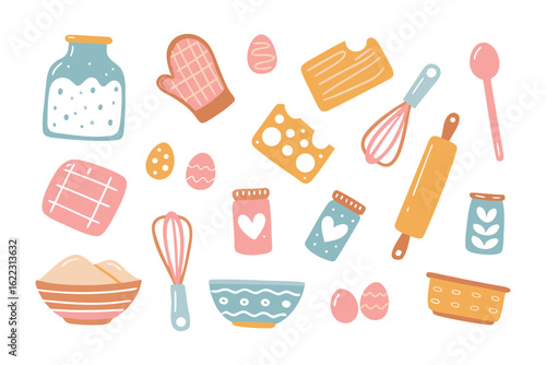 Baking essentials elements: A whimsical collection of illustrated baking essentials, perfect for crafting homemade treats. The illustration style evokes a sense of warmth, creativity.