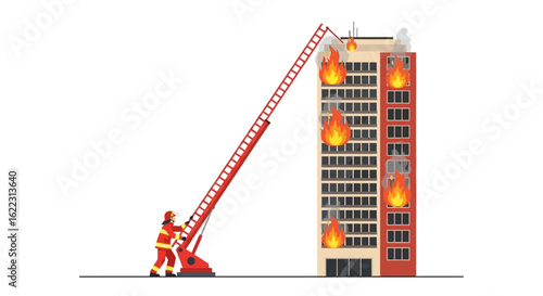 Brave Firefighter Ascending Ladder to Burning Building in Emergency Rescue Operation Amidst Intense Blaze and Smoke Seeking to Save Lives and Property