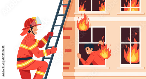 Brave Firefighter Rescuing a Person from a Burning Building with Flames Engulfing Windows during a Devastating Inferno