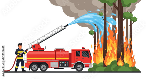 Brave firefighter heroically battling a wildfire with a water cannon mounted on a fire truck in the forest emergency rescue operation illustration