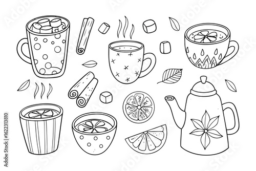 Tea Time Delight: An array of charming tea-themed illustrations, featuring a teapot, mugs, lemon slices, cinnamon sticks, and delightful marshmallows.