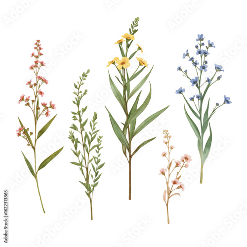Colorful botanical illustration of various wildflowers and grasses.