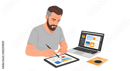 Modern professional graphic designer working with a stylus and a digital tablet for a web design project illustration