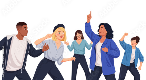 Diverse group celebrates, expressing joy, unity, and positivity in a dynamic cartoon illustration, depicting vibrant energy and collaborative spirit
