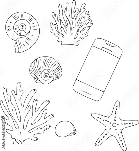 Minimalist line art set of sea treasures