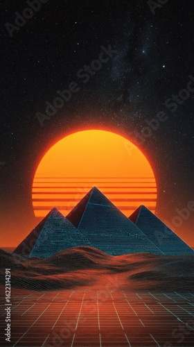 Synthwave desert with glowing pyramids under neon sunset