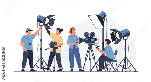 Film Production Crew Setting Up Equipment for a Shoot Inside Studio for Cinematography, Visuals, Art, and Content Creation Process Depiction