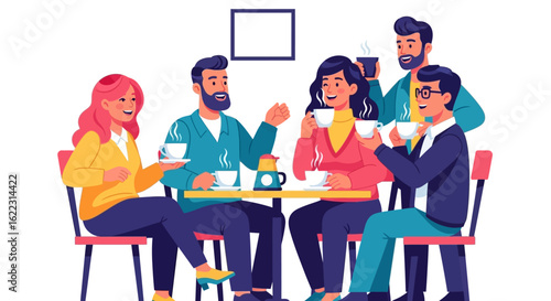 Illustrated gathering of friends enjoying warm beverages together at a table with steam