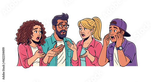 Animated depiction of a diverse group expressing surprise and disbelief at unexpected news, revealing shared shock and concern across various ages