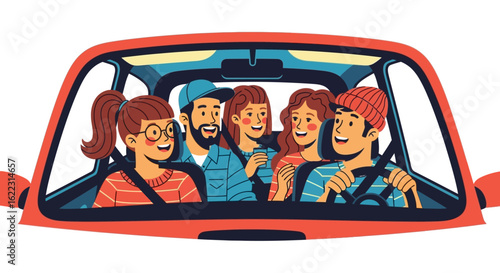 Cheerful friends embark on a colorful road trip adventure with laughter and excitement while creating lasting memories together in a vibrant car