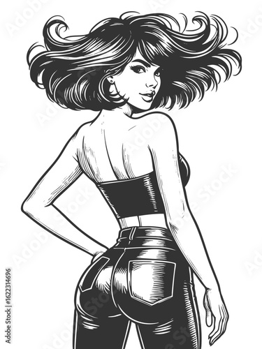 woman in tight jeans and strapless top, turning back with flowing hair sketch engraving generative ai fictional character vector illustration. Scratch board imitation. Black and white image.