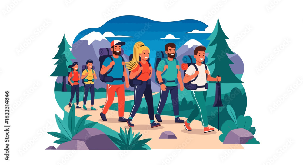 Naklejka premium Illustrative Depiction of a Group of Hikers on a Scenic Mountain Trail Expedition Adventure