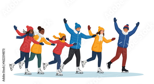 A Group of Diverse Friends Joyfully Ice Skating Together on a Crisp Winter Day Celebrating Friendship and Merriment While Embracing the Season's