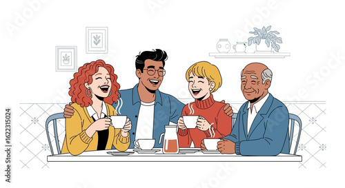 Diverse generations connect over coffee: A heartwarming scene of laughter and togetherness in a stylish cafe setting