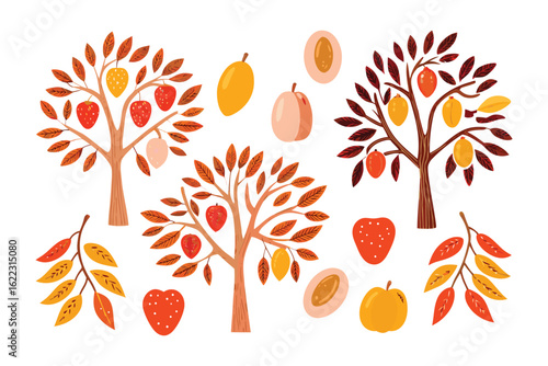Orchard Abundance: A vibrant collection of fruit trees bearing ripe mangoes and strawberries, offering a glimpse of nature's bounty.