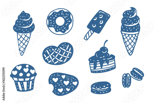 Sweet Treats Assortment: A delightful assortment of whimsical desserts and sweets, creatively rendered to evoke feelings of indulgence and enjoyment. 
