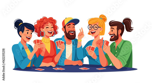 Animated group of joyful friends enjoying a friendly card game night with smiles and laughter shared between them in a lighthearted vector art